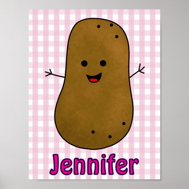 Póster Cute Happy Potato Pink Gingham Personalizado (Frente)