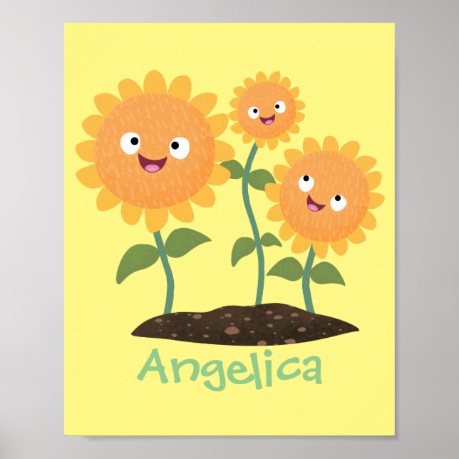 Póster Cute happy sunflowers smiling cartoon illustration (Frente)