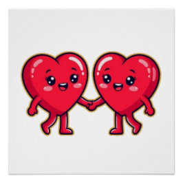 Póster Cute Heart Characters Holding Hands