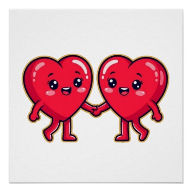 Póster Cute Heart Characters Holding Hands (Anverso)