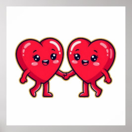 Póster Cute Heart Characters Holding Hands