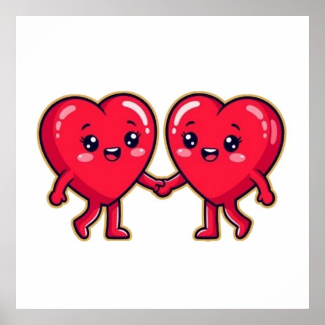 Póster Cute Heart Characters Holding Hands (Frente)