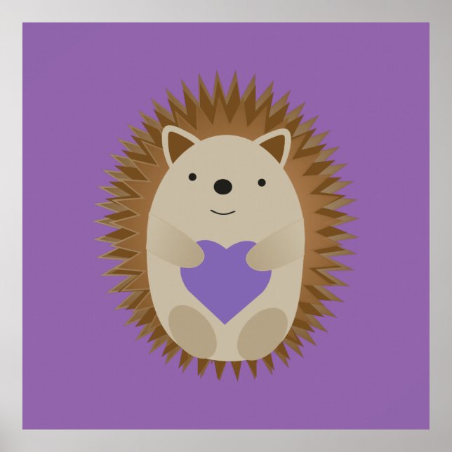 Póster Cute Hedgehog sosteniendo un corazón morado (Frente)