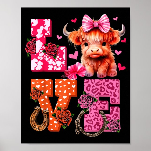 Póster Cute Highland Cow And Nk Heart Valentines Day Love (Frente)
