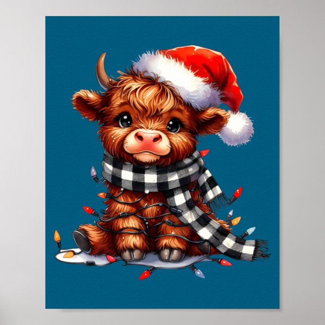Póster Cute Highland Cow Christmas Lights Santa Hat Winte (Frente)