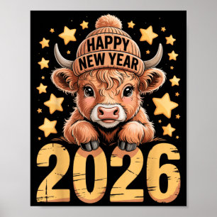 Póster Cute Highland Cow Feliz Año Nuevo 2026 Tee Diverti