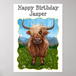 Póster Cute Highland Cow Feliz cumpleaños