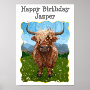 Póster Cute Highland Cow Feliz cumpleaños