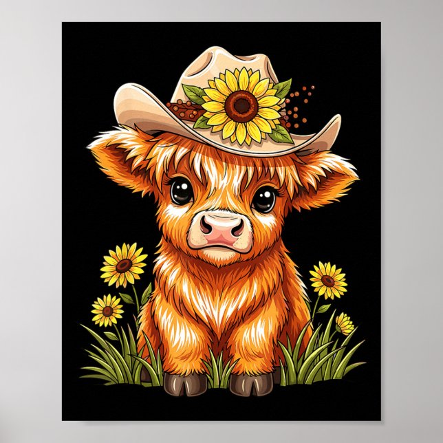 Póster Cute Highland Cow Sunflower Farm Scottish Highland (Frente)
