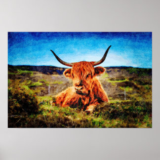 Póster Cute Highland Cow Watercolor Art Pintura