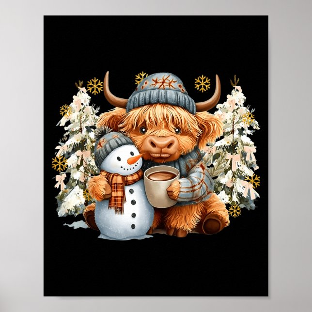 Póster Cute Highland Cow With Snowman Hot Cocoa Christmas (Frente)