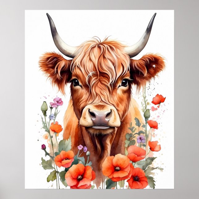 Póster Cute Highland Cow Y Flores De Adormidera (Frente)