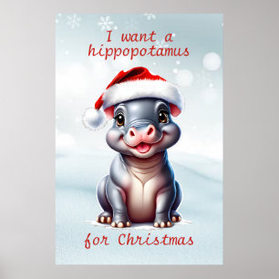 Póster Cute Hipopótamo Santa Hat Navidades Snowy