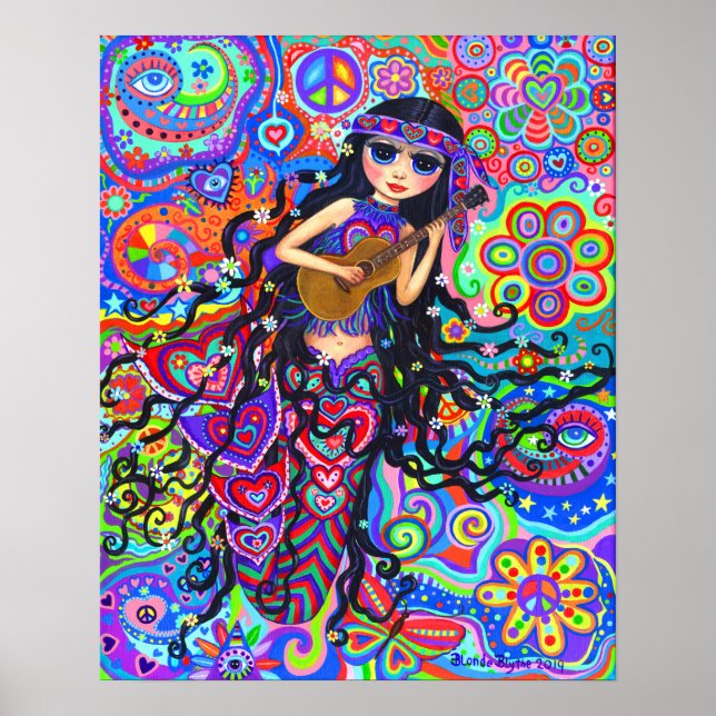 Póster Cute Hippie Mermaid Chica Doll Guitar (Frente)