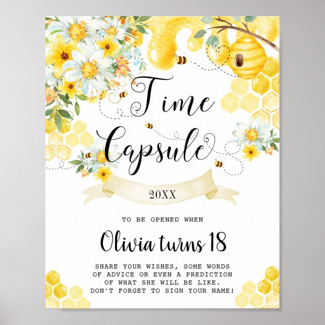 Póster Cute Honey Bees Yellow Floral Time Capsule Rótulo (Frente)