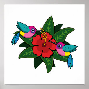 Póster Cute Hummingbirds on Hibiscus Flower Cartoon - W