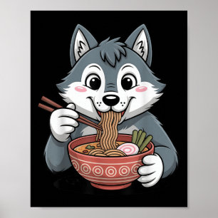 Póster Cute Husky comiendo fideos de perro de Kawaii en J