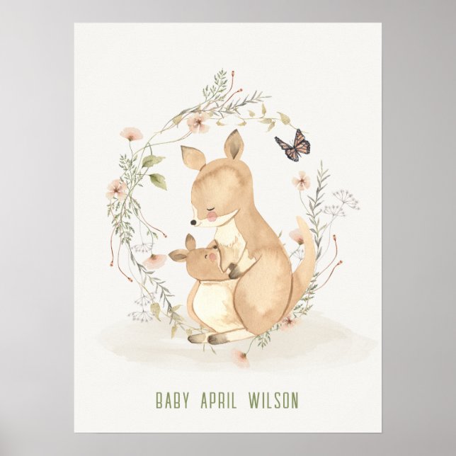 Póster Cute Joey Mama Kangaroo Watercolor Floral Baby (Frente)