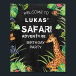 Póster Cute Jungle Safari Adventure Birthday Welcome<br><div class="desc">Welcome friends and family to your child’s birthday party with this fun and fabulous Jungle Safari Birthday Party Welcome Sign. This cheerful design features a trendy chalkboard background with a baby giraffe resting among a colorful tropical setting with green botanical leaves and flowers in pink and orange. A butterfly floats...</div>
