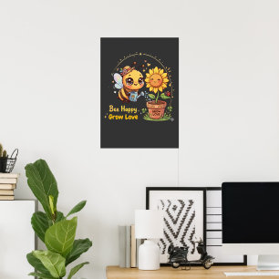 Póster Cute Kawaii Abeja Regando Girasol Abeja Feliz Crec