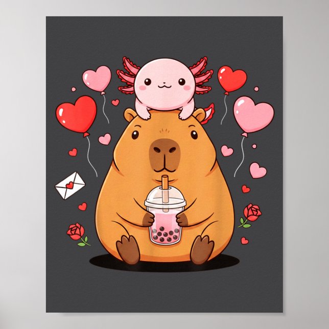 Póster Cute Kawaii Axolotl Capybara Bubble Tea Boys Girls (Frente)