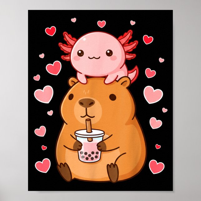 Póster Cute Kawaii Axolotl Capybara Bubble Tea Boys Girls (Frente)