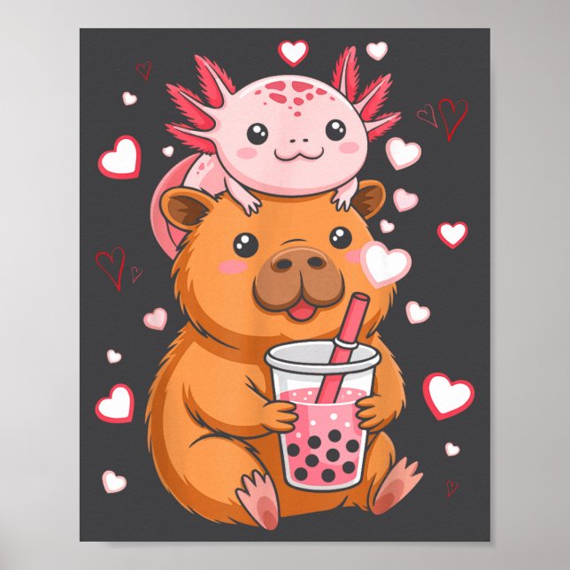 Póster Cute Kawaii Axolotl Capybara Bubble Tea Boys Girls (Frente)