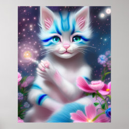 Póster Cute Kawaii bebé a rayas gatito rosa y azul