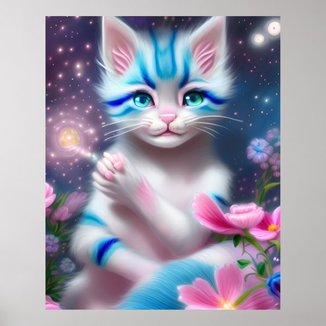 Póster Cute Kawaii bebé a rayas gatito rosa y azul (Frente)