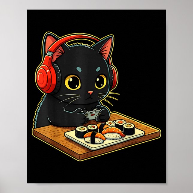 Póster Cute Kawaii Black Cat Funny Sushi Retro Japanese C (Frente)