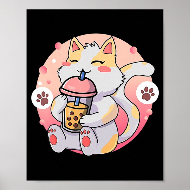 Póster Cute Kawaii Cat Boba Tea Anime Kitten Regalo Niños (Frente)