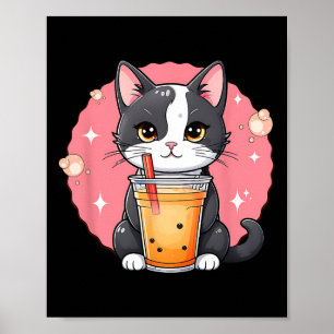 Póster Cute Kawaii Cat Boba Tea japonés Estilo Tuxedo Kit