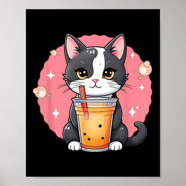 Póster Cute Kawaii Cat Boba Tea japonés Estilo Tuxedo Kit (Frente)