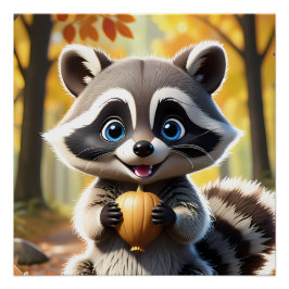 Póster Cute Kawaii estilo Racoon sosteniendo una bellota