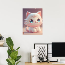 Póster Cute Kawaii Fluffy Gato Blanco