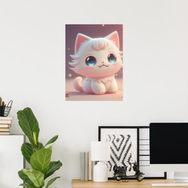 Póster Cute Kawaii Fluffy Gato Blanco (Oficina en casa)