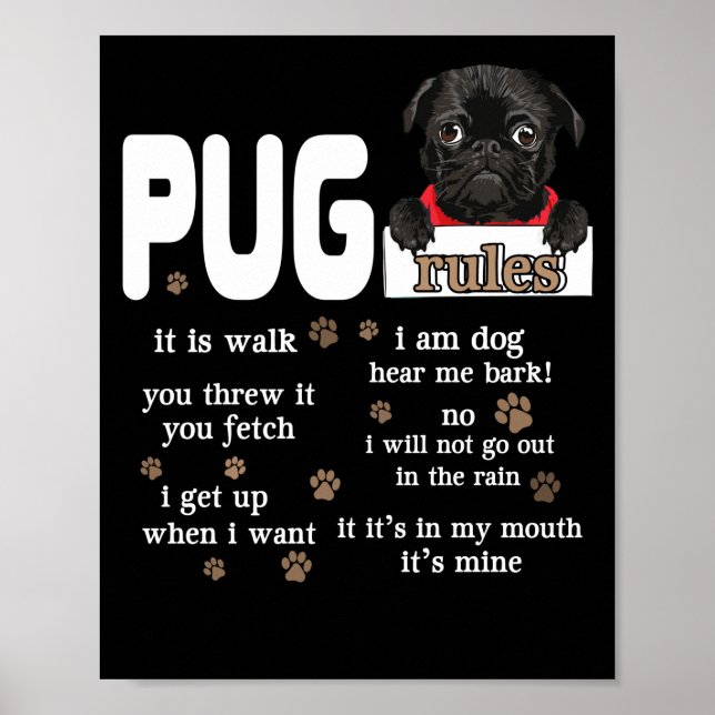 Póster Cute Kawaii Funny Black Pug Dog Rules Gifts (Frente)