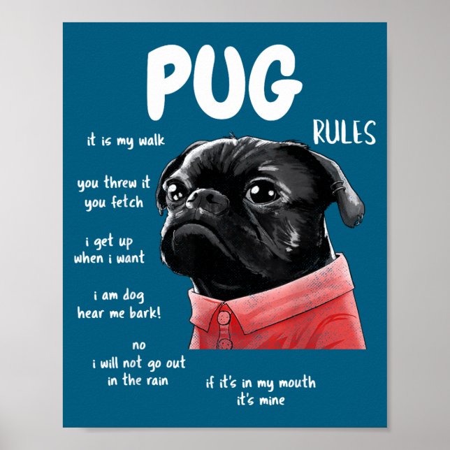 Póster Cute Kawaii Funny Black Pug Dog Rules Men Women Ki (Frente)