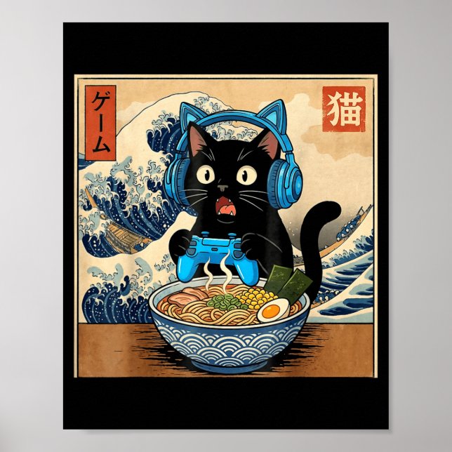 Póster Cute Kawaii Gamer Cat Funny Ramen Japanese Cat Gam (Frente)