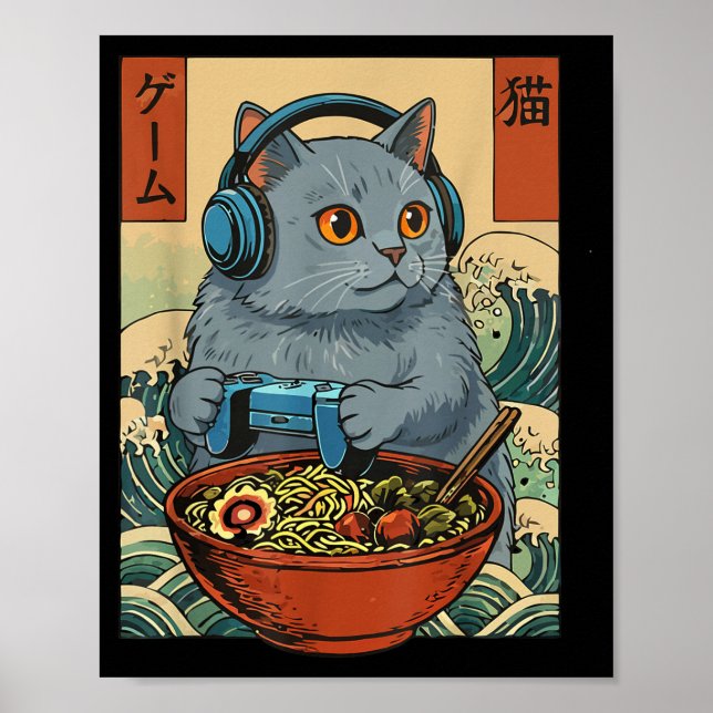 Póster Cute Kawaii Gamer Cat Funny Ramen Retro Japanese C (Frente)