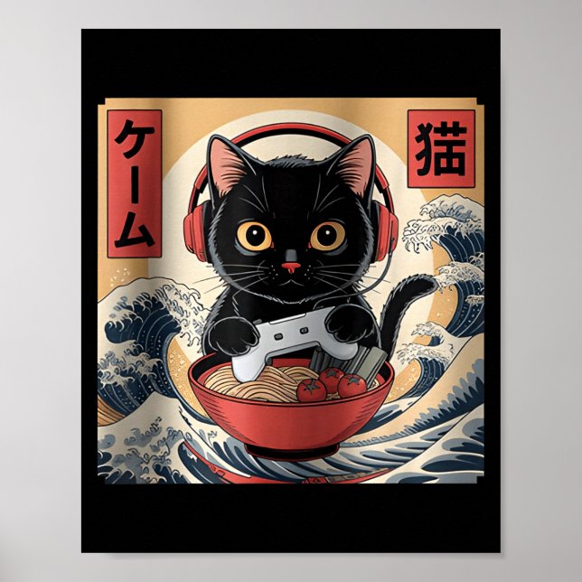 Póster Cute Kawaii Gamer Cat Funny Ramen Retro Japanese C (Frente)