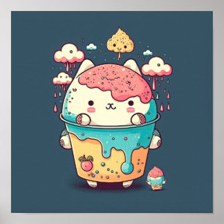 Póster Cute kawaii gato helado en una taza