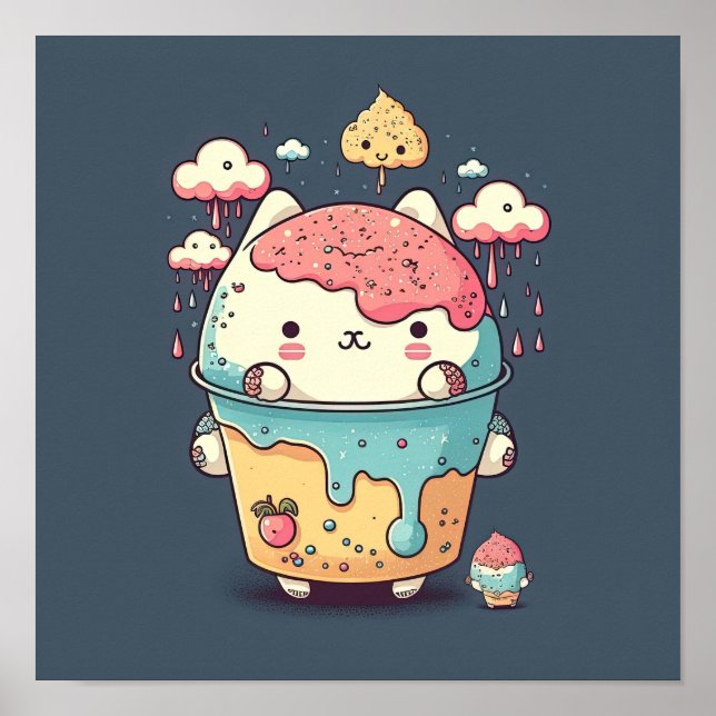 Póster Cute kawaii gato helado en una taza (Frente)