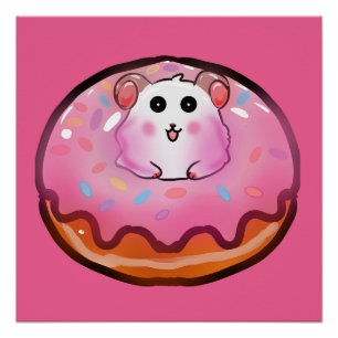 Póster Cute Kawaii Hámster en Donut Rosado con Glaseado A