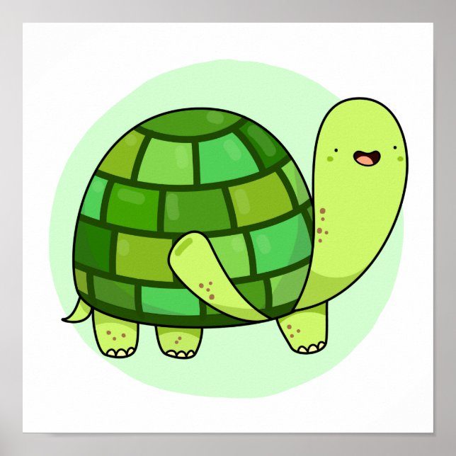 Póster Cute Kawaii Happy Green Tortoise (Frente)
