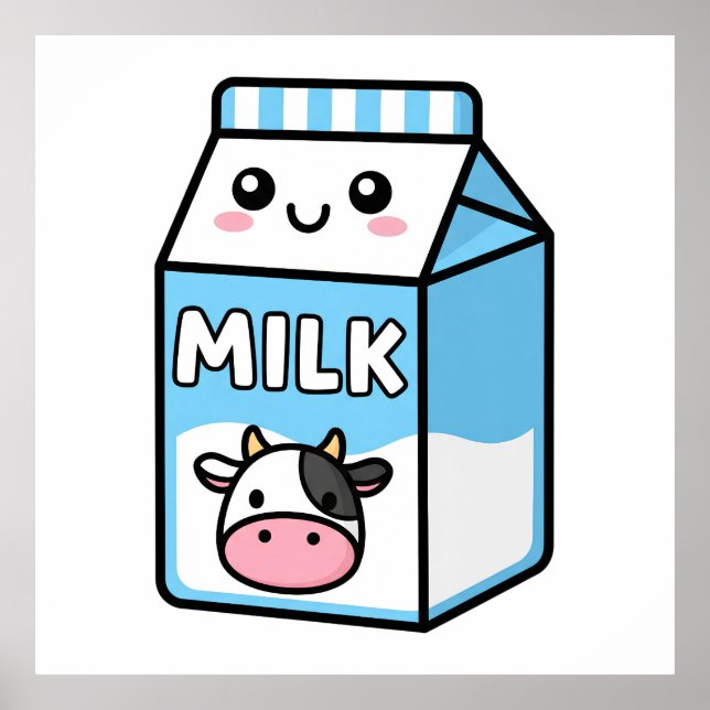 Póster Cute Kawaii Milk Carton Illustration with Cow Icon (Frente)