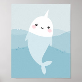 Póster Cute kawaii narwhal swimming in soft blue waves