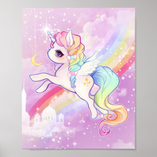 Póster Cute kawaii pastel unicornio con arcoiris y castil