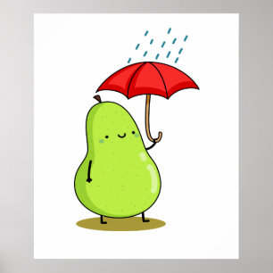 Póster Cute Kawaii Pear Con El Paraguas