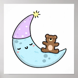 Póster Cute Kawaii Sleepy Moon